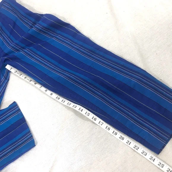 Pure Silk Blue Slimming Vertical Stripe Crop Pant Soft Pants Designer Trousers 6 - Picture 6 of 9
